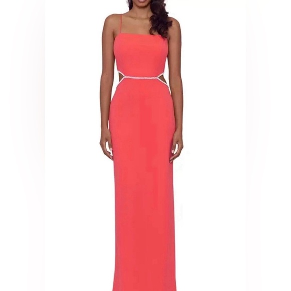 XSCAPE Women’s Side Cutout Scuba Crepe Fit and Flare Coral Maxi Dress - Picture 1 of 3